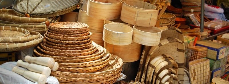 Asian market of bamboo and wicker baskets